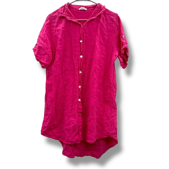Aldo Marino Positano Linen‎ Hot Pink Button-Front Short Sleeve Top Sz S Italy - Picture 1 of 9
